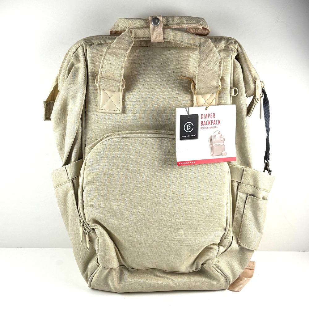Live In Style Diaper Backpack Unisex‎ Tan NEW Recycled Polyester Multi Pocket